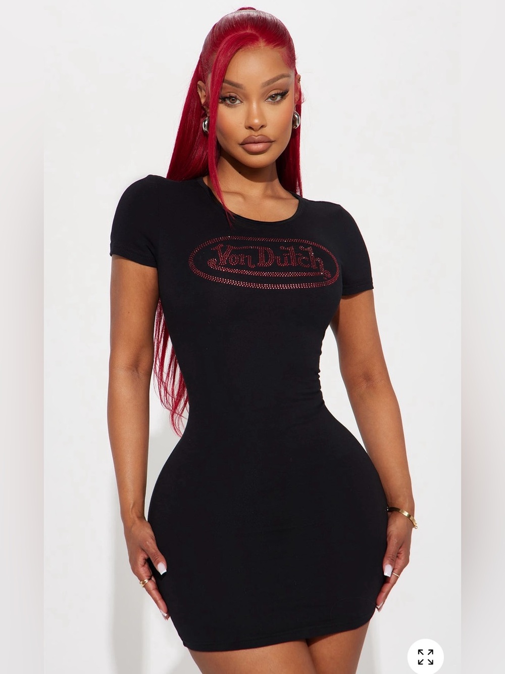 Von Dutch Black Short-Sleeve Logo Tee with Red Rhinestone Detail